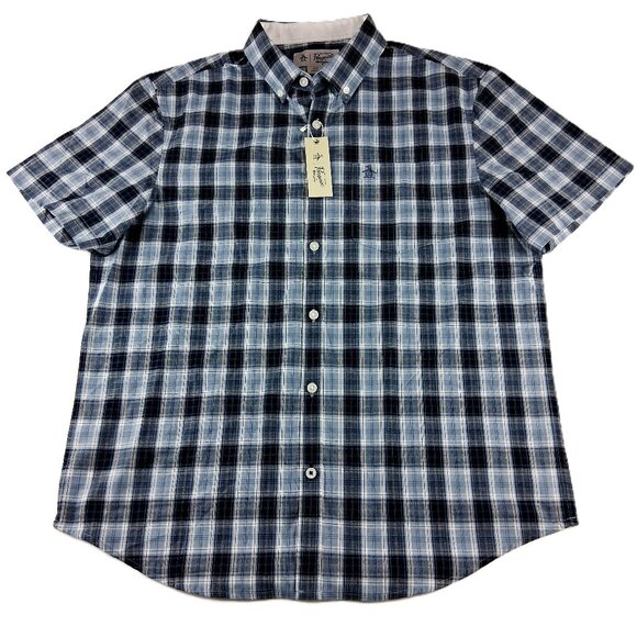 Original Penguin Button Down Short Sleeve Shirt Men's Size L Blue White Plaid - Picture 1 of 6
